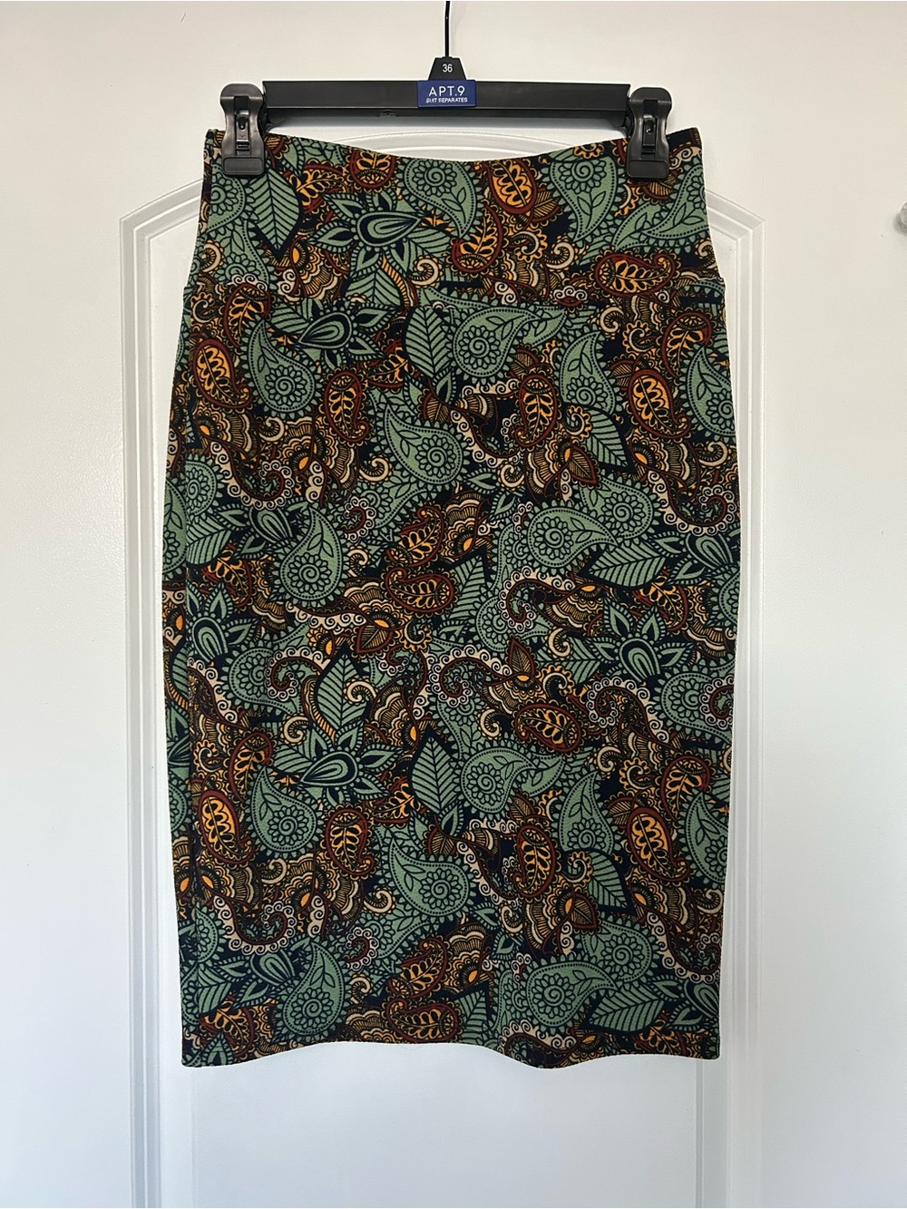LuLaRoe Green Paisley Pencil Skirt with Brown & Black Accents (S)